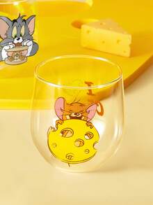 TOM & JERRY X SHEIN 卡通貓鼠印花高硼矽玻璃杯，24.35oz/720ml大容量保溫杯，起司圖案，可愛角色玻璃器皿，適合日常使用 - 無色 - 查看 5