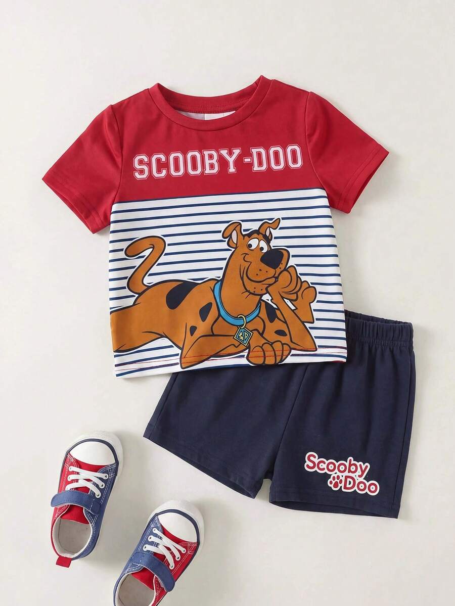 SCOOBY-DOO X SHEIN 男婴夏季休闲时尚街头日常通勤卡通条纹撞色印花短袖T恤和短裤套装 - 彩色 - 查看 1