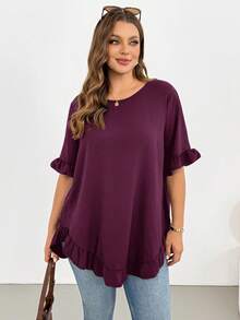 Shapeblank Blusa de talla grande casual de verano con unicolor y ribete de volantes - Rojo violeta - Ver 4