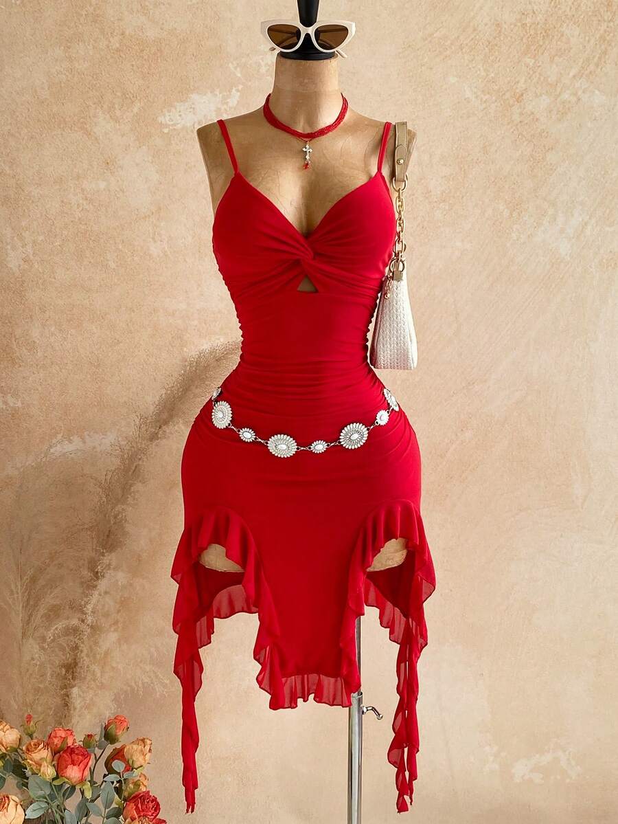 Soleia 女款純色扭結荷葉邊裙襬時尚約會派對中長細肩帶洋裝 - 紅色 - 查看 1