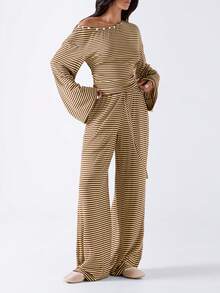 LYSMO Women's Striped Asymmetrical Shoulder Long Sleeve Top And Pants Casual Daily 2 Pieces Set - Light Yellow - View 3