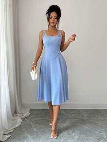 Elenzga Summer Wedding Cocktail Guest Formal Waist-Cinched Sleeveless A-Line Rhinestone Decor Party Birthday Date Hostess Dress Light Blue Elegant Romantic - Dusty Blue - View 8
