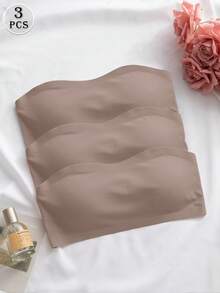 SHEIN 3件組優雅舒適女款無肩帶無縫內衣 摩卡色 - 摩卡棕 - 查看 3