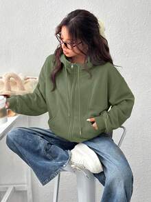 SHEIN EZwear 女款前拉鍊長袖口袋連帽衫 - 軍綠色 - 查看 3