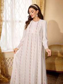 PalaceNights Court Style Small Stand Collar Heavy Embroidery Loose Long Sleeve Nightgown - White - View 5