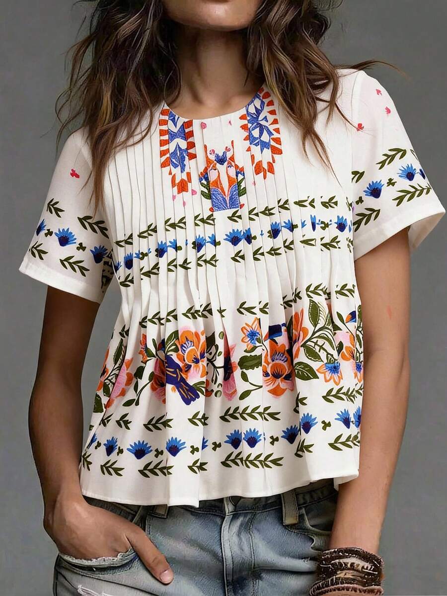 SHEIN Women's Woven Summer Round Neck Ruffle Hem Loose Casual Design Short Sleeve Top Top - Multicolor - View 1