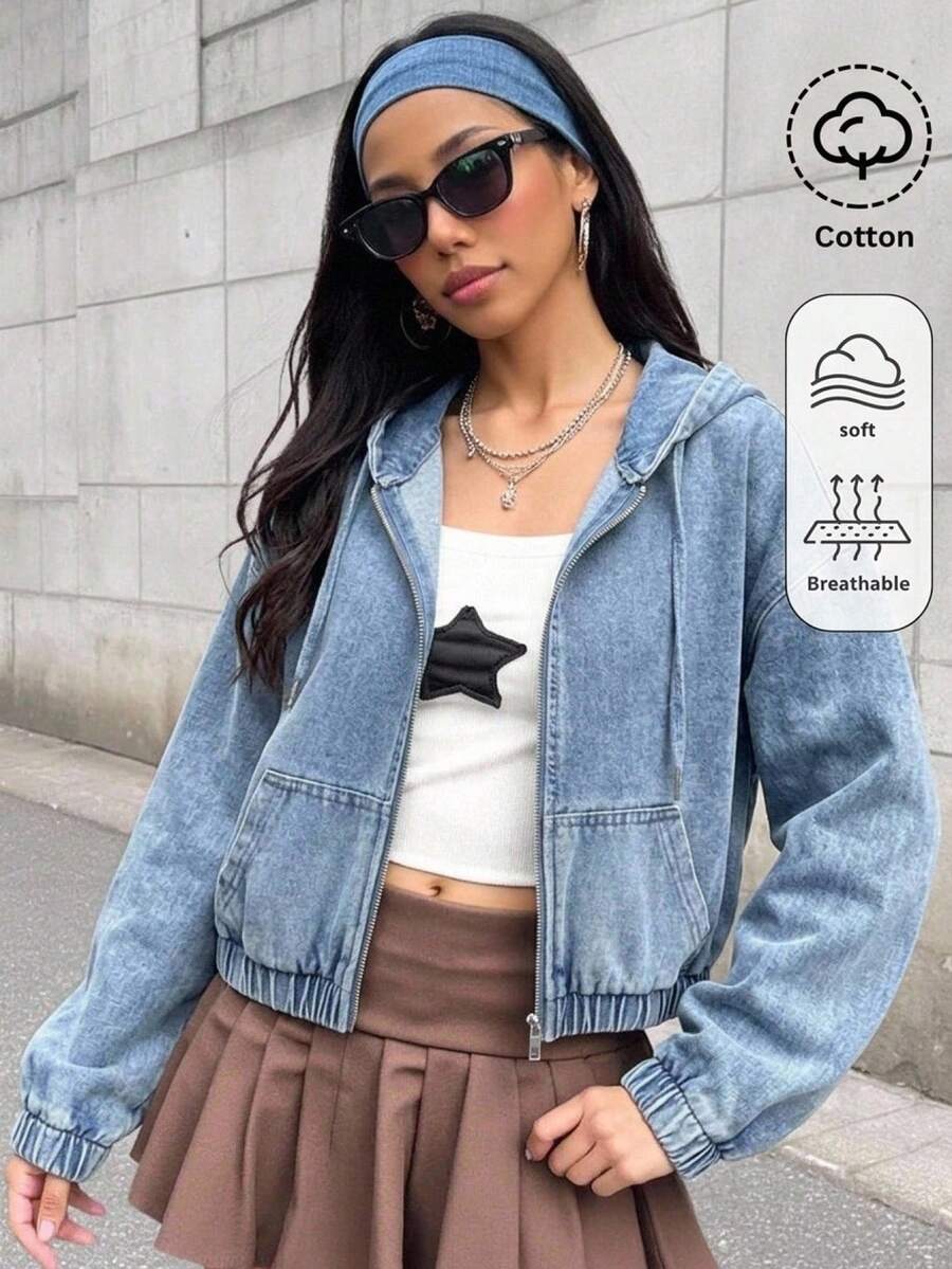 SHEIN 青少年女孩藍色丹寧寬鬆連帽長袖夾克 - 藍色 - 查看 1