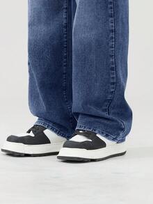 SHEIN 青少年男孩牛仔褲，休閒寬鬆戶外日常穿著，水洗復古藍色貓鬚彈性腰頭，寬鬆直筒寬腿牛仔長褲，夏季款 - 深色水洗藍 - 查看 7