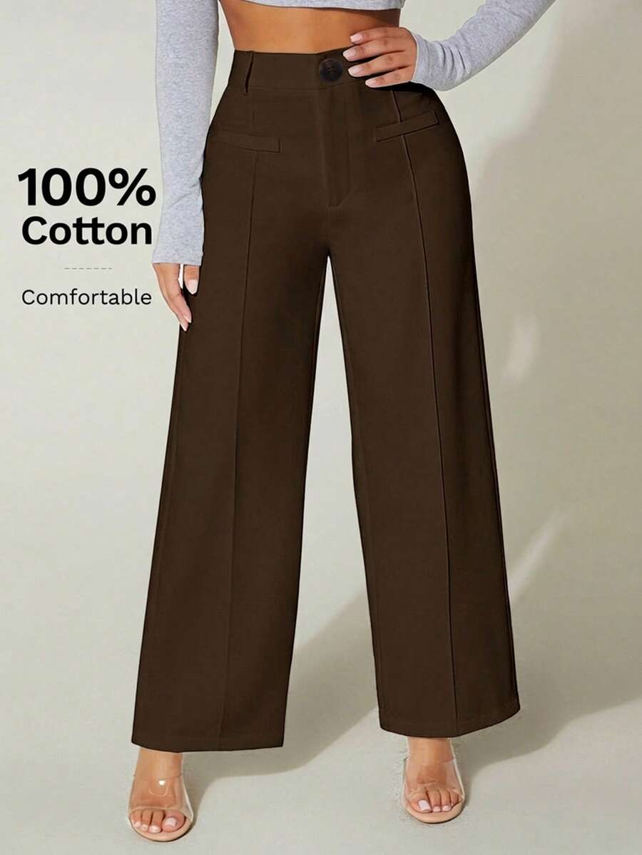 SHEIN PETITE 高腰寬腿夏季長褲 100%純棉,小碼女款 - 咖啡棕 - 查看 1