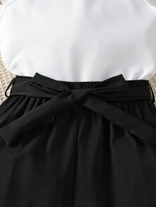 SHEIN 少女休閒褶邊圓領上衣，配有蝴蝶結裝飾和休閒長褲2件套 - 黑色 - 查看 6