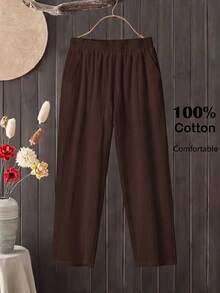 Rusticease Women's Solid Color Textured Casual Pocket Long Pants For Daily Wear Lounge Dark Brown Summer - Brown - View 3