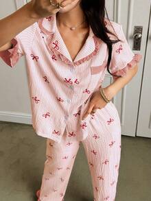 Napfluff Women's Blue Striped Bow Print Patchwork Contrast Color Ruffle Collar Short Sleeve Long Pants Pajama Set - Orange - View 3
