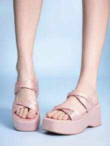 Sugerpunk Ladies, Spike Buckles, Lame-Heeled Platform Sandals. - Pink - View 2