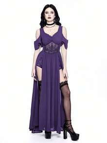 ROMWE Goth 哥特式刺绣镂空深V领露肩高开衩女式连衣裙 - 紫色 - 查看 3