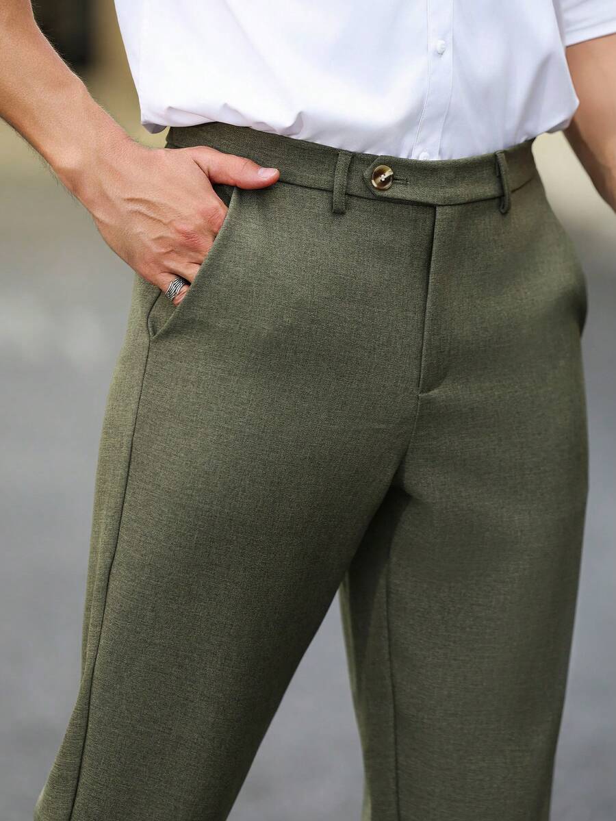 Manfinity Mode 男士休閒百搭口袋通勤西裝長褲 - 軍綠色 - 查看 1