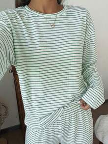 SHEIN 女款休閒條紋印花圓領寬鬆長袖長褲睡衣套裝 - 綠色 - 查看 7