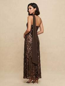 QUIZ Brown Sequin Halter Neck Draped Bodycon Maxi Dress With Side Split And Scarf Detail, One Shoulder Evening Dress, Formal Event Dress, Special Occasion Maxi Dress, Wedding Guest Dress, Party Dress For Women - Brown - View 5