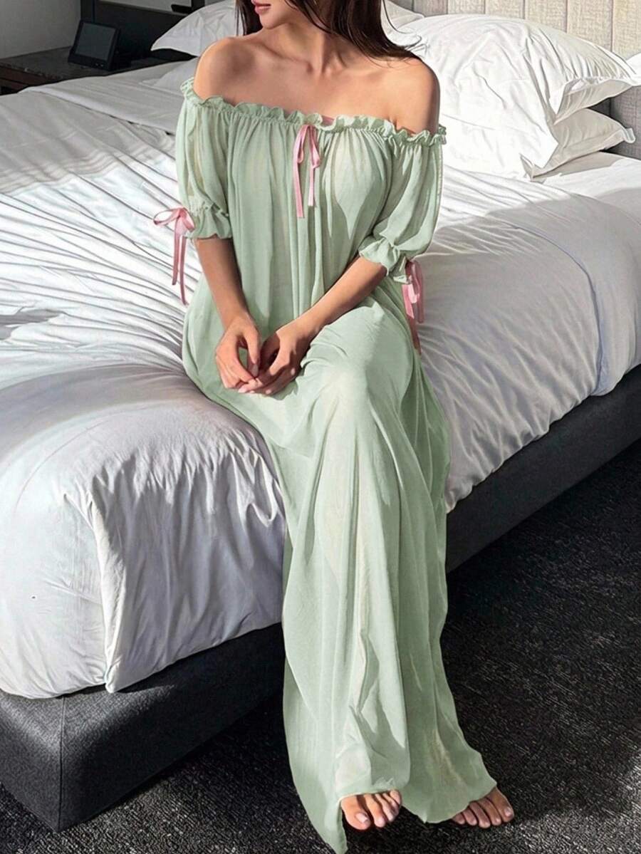 DAZY Charming Sheer Mesh Off-Shoulder Ruffle Hem Long Sexy Nightgown For Women - Green - View 1