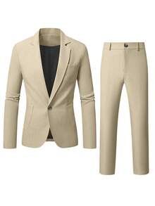 Manfinity Mode Conjunto de traje formal para hombre con blazer de cuello de solapa & pantalones, formal de primavera/verano, ceremonia - Caqui - Ver 3
