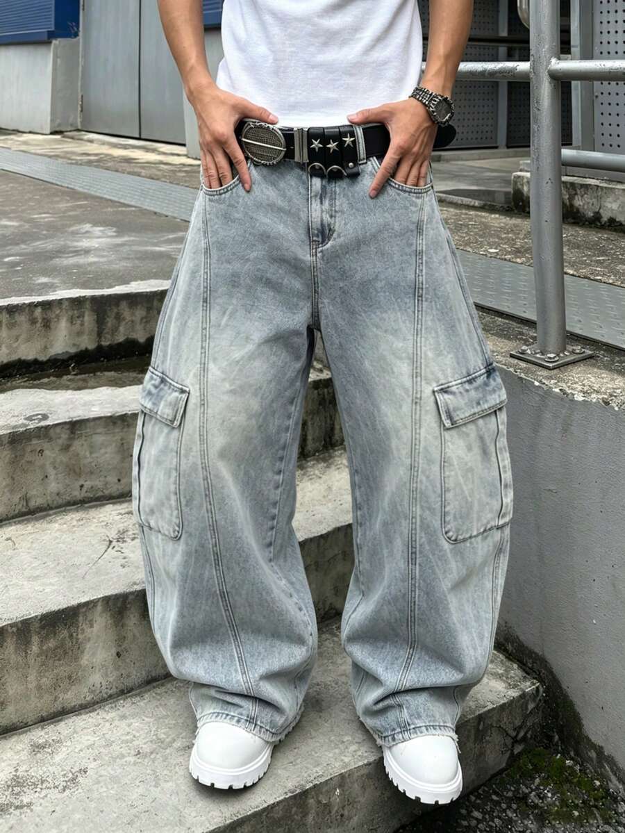 Manfinity EMRG 男士休閒日常通勤丹寧彎腿長褲,附口袋與鈕扣設計 - 藍色 - 查看 1