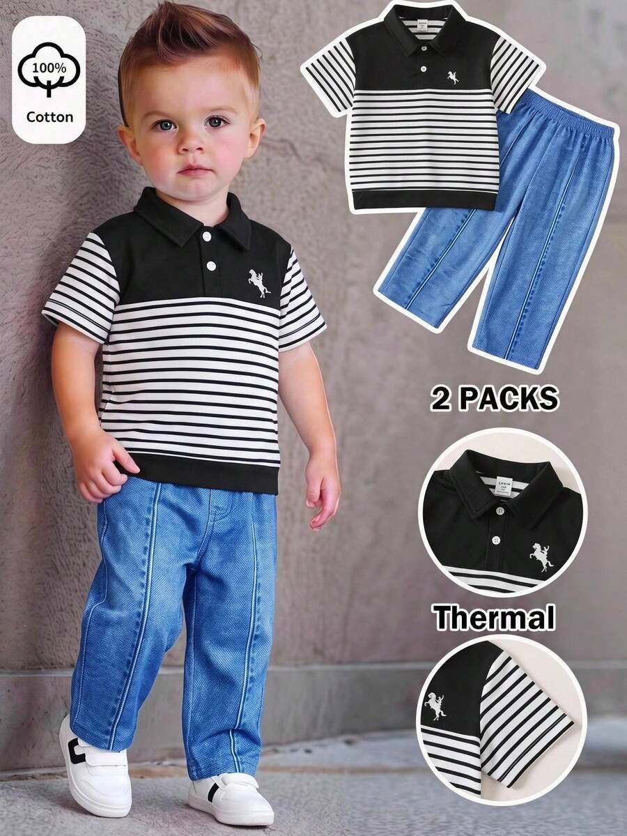 SHEIN 2pcs Young Boy Cute Print Urban Academy Casual Short Sleeve Black & White POLO Shirt And Elastic Waist Long Pants Set, Suitable For Birthday Party, Evening Party, Performance, Wedding, Full Moon, Baptism, 1st Birthday Celebration And Baby Shower - Multicolor - View 1