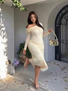 Sassy Hour Plus Size Women's Autumn/Winter Elegant Exquisite Date Cocktail Formal Party Wedding Asymmetric Neck Long Sleeve Embroidered Mesh Cream Mermaid Dress - Apricot - View 7
