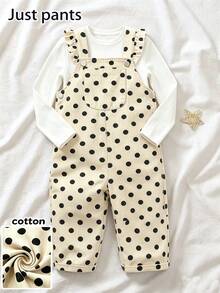 SHEIN Vintaside Kids 1件女嬰復古奶油白配黑色波點牛仔休閒可愛吊帶褲，荷葉邊肩帶，大口袋，寬鬆大腿褲管，適合外出、派對、返校 - 黑與白 - 查看 10