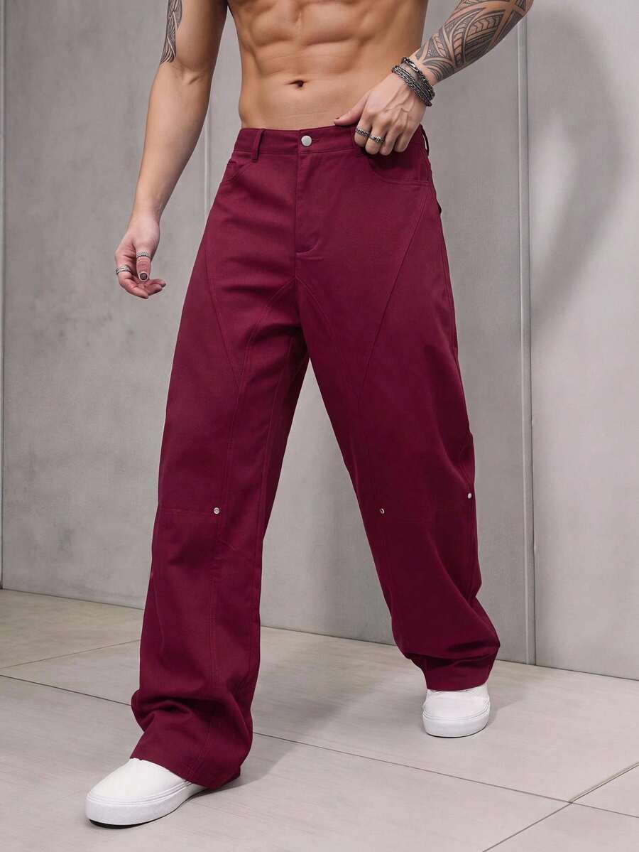 Manfinity VCAY Pantalones largos casuales versátiles de unicolor con bolsillo y botones para uso diario y viajes para hombres - Burdeos - Ver 1
