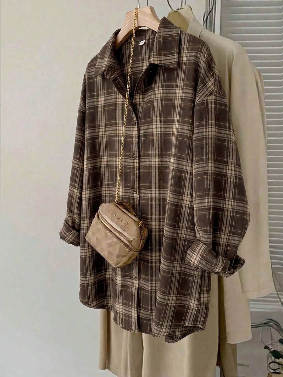 Comfylo Plus Size Minimalist 80s 90s Casual Plaid Single-Breasted Long Sleeve Shirt Back-To-School Brunch Office Chocolate Brown Summer - Multicolor - View 1