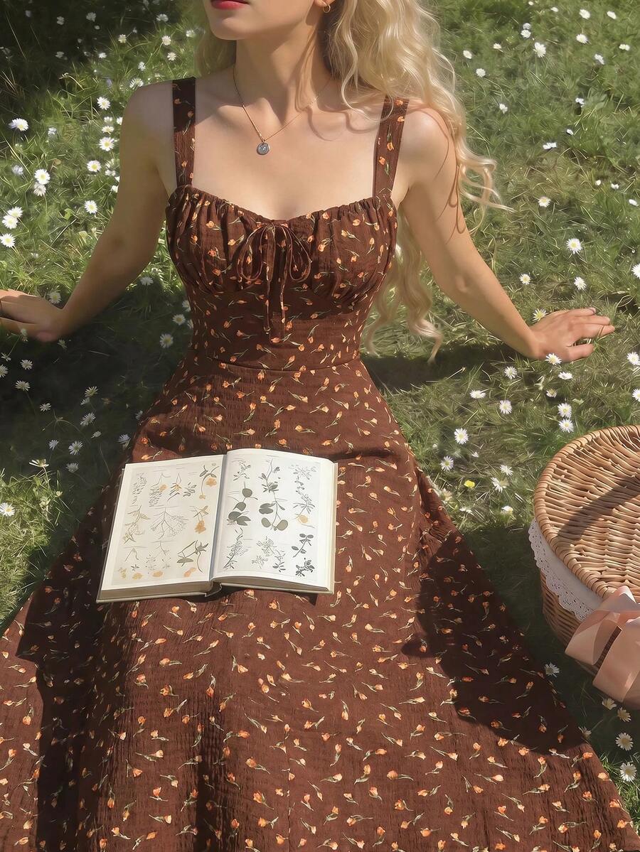 SHEIN MOD 女士甜美花卉印花浪漫乡村风中长度假连衣裙、母亲节连衣裙、夏季女士连衣裙、花卉连衣裙、黄色连衣裙 - 棕色 - 查看 1
