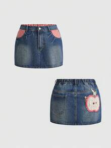ROMWE Kawaii Vintage Cute Pastoral Plaid Apple Button Embroidered Ultra Low Waist Mini Denim Skirt - Blue - View 5