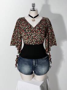 SHEIN ICON Women's Plus Size Floral Patchwork Ruffle Trim T-Shirt - Black - View 3