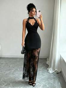 Elenzga Halter Neck Iridescent Material Contrast Lace Dress - Black - View 4