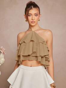 L'Amorae Summer Elegant Solid Color Ruffle Backless Halter Top, Chic, Fall, Autumn - Khaki - View 2