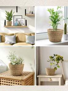 Vaso de Planta Boho Redondo Tecido à Mão, À Prova d'Água e Leve para Uso Interno e Externo, para Cactos e Suculentas, Decoração de Casa e Jardim Pequena e Média - amarelo palha - Visão 4