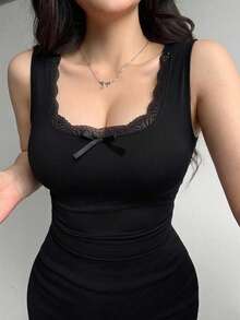 DAZY 女款蕾絲拼接蝴蝶結裝飾修身百搭休閒日常T恤 - 黑色 - 查看 4