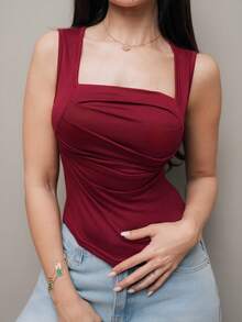Hindelle Women Elegant Casual Solid Color Pleated Fitted Crew Neck Tank Top Summer - Burgundy - View 5