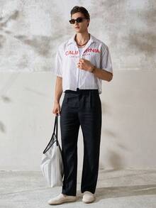 TONEVAULT Camisa de hombre de verano con estampado de letras y rayas - Blanco - Ver 4