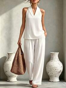 Hotletica V-Neck Halter Sleeveless Shirt Women, Summer Linen-Like Loose Camisole Top & Straight Loose Pants 2 Pieces Set - White - View 1