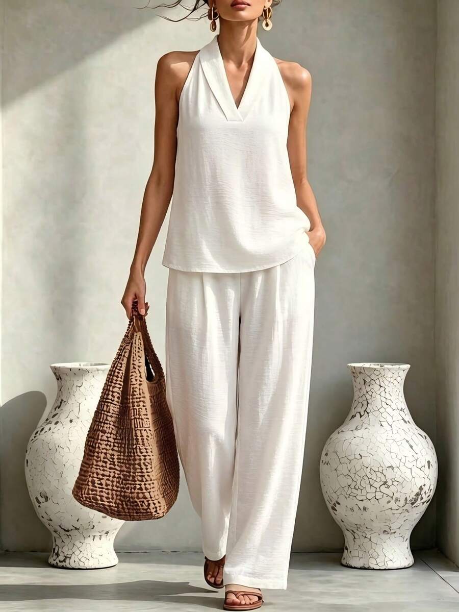 Hotletica V-Neck Halter Sleeveless Shirt Women, Summer Linen-Like Loose Camisole Top & Straight Loose Pants 2 Pieces Set - White - View 1