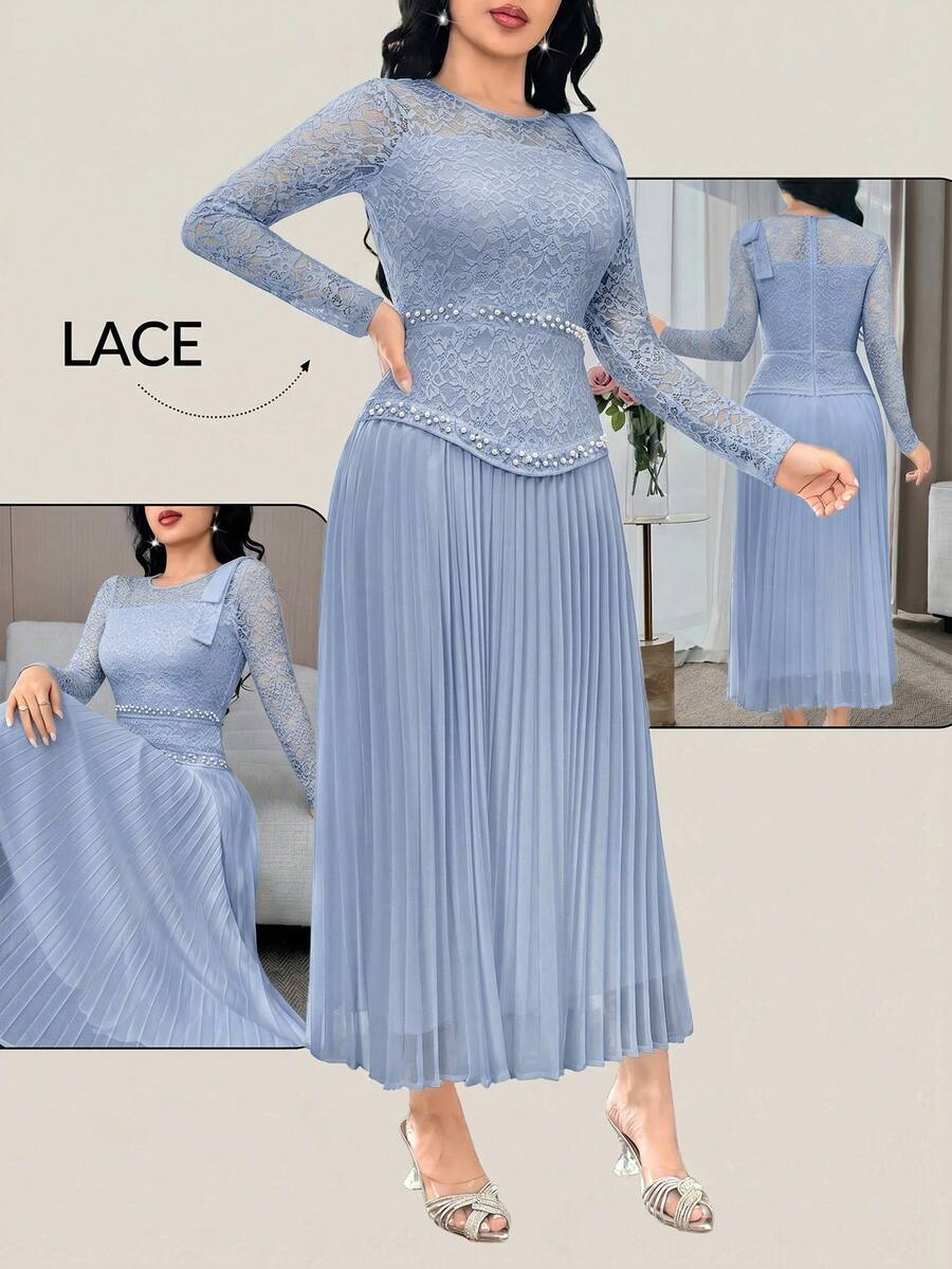 Feyla Women's Light Blue Crew Neck Lace And Pleated Midi Dress With Bow Detail Elegant Party Dress - Blue - View 1