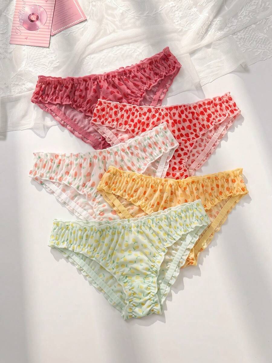 PetitDoll 5入組復古可愛網紗及水果印花低腰三角褲 - 彩色 - 查看 1