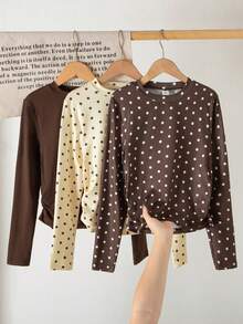 3pcs Tween Girls T-Shirt Crew Neck Long Sleeve Slim Fit Polka Dot Contrast Color Pattern 3pcs Set Top Casual Everyday T-Shirt Autumn - Multicolor - View 1
