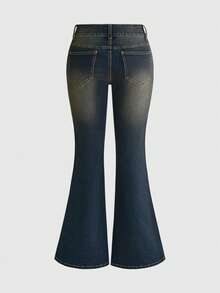ROMWE Hippie Y2K Millennium Vintage Gold Rhinestone Ultra Low Waist Skinny Denim Jeans For Women - Medium Wash - View 2