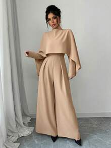Elenzga Women's Elegant Stylish Long Sleeve Colllarless Ruched Waist Wide Leg Jumpsuit Fall Cloth For Women - Apricot - View 9