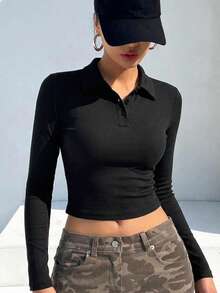 DAZY 女款純色 Polo 領長袖短版修身 T 恤 - 黑色 - 查看 3