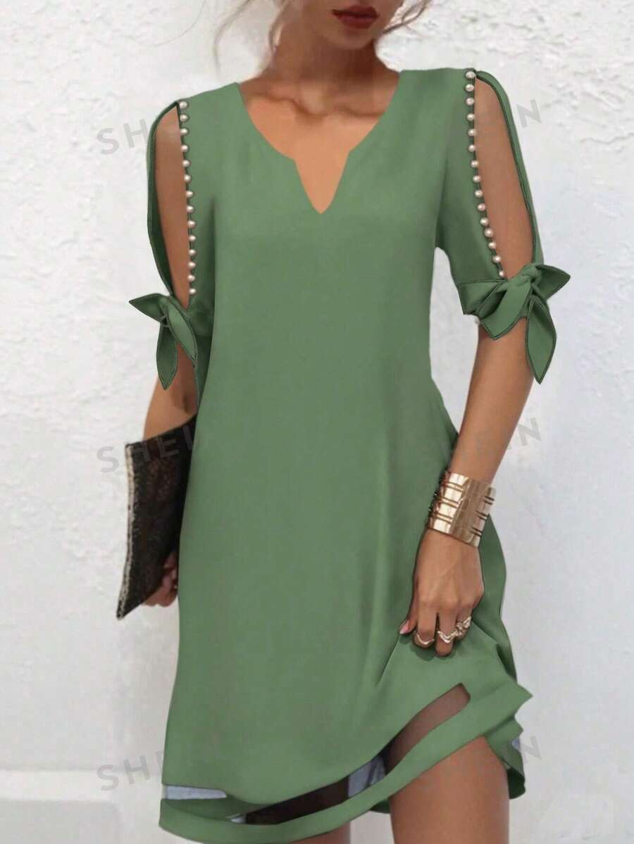 EMERY ROSE Women's Elegant Vacation Style Minimalist Solid Color Notched Neck Split Sleeve Faux Pearl Decor Mesh Splice Dress, Summer - Pastel Green - View 1