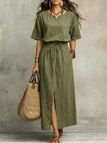 SHEIN Holidaya 夏季寬鬆棉質襯衫洋裝－收腰休閒度假洋裝 - 軍綠色 - 查看 3