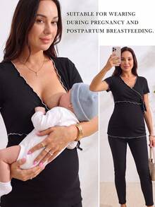 GentleRue Maternity French Style Colorblock Flutter Sleeve Pure Cotton Maternity Top, Ruffle V-Neck Slimming Maternity Blouse, High Elastic Knit Maternity T-Shirt Summer Wear - Black - View 1