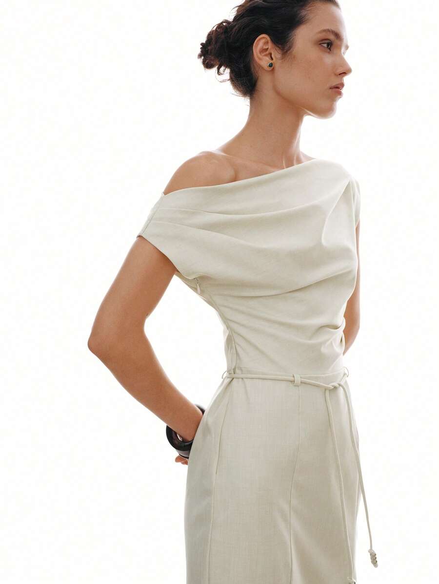 MOTF PREMIUM URBAN ASYMMETRICAL NECKLINE RUCHED METAL BUCKLE DECOR DRESS SPRING/SUMMER BRUNCH DAY PARTY OFF-WHITE MINIMALIST ELEGANT - Apricot - View 2